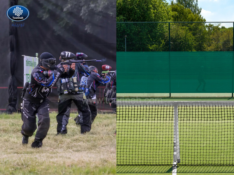Secure protection of sports fields such as tennis and paintball by shade netting
